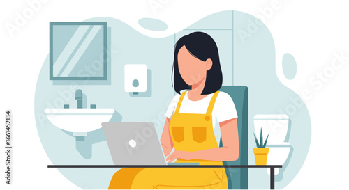 Anonymous woman works on laptop in a bathroom, symbolizing the flexibility and unique challenges of remote work and home office productivity.