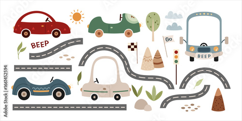 Cute transport clipart set with cars, roads and traffic elements. Vector illustration in cartoon style.