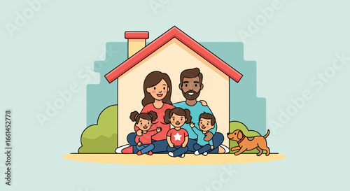 Happy diverse family illustration with parents, three children, and a dog at home, symbolizing security, love, and togetherness.