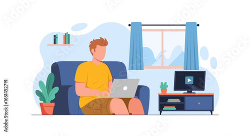 Young man working remotely on a laptop from the comfort of his home living room, showcasing flexible modern lifestyle and productivity.