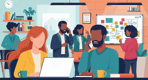Diverse professionals collaborate and work diligently in a vibrant modern office, highlighting teamwork, innovation, and a dynamic business environment.