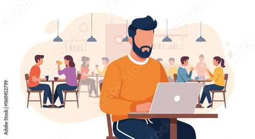 Bearded man works on a laptop in a vibrant cafe, symbolizing remote work, digital entrepreneurship, and flexible modern business.