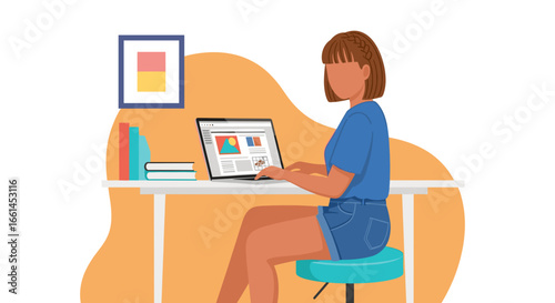 Young woman focused on remote work or online learning at her home office desk. Ideal for lifestyle, education, or business concepts.