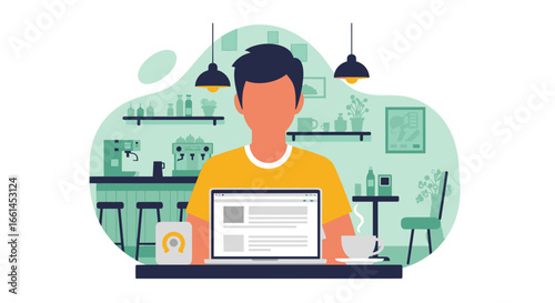 Man working on his laptop in a modern cafe, embodying remote work and productivity. Ideal for concepts of freelancing, online learning, or digital nomad lifestyle.
