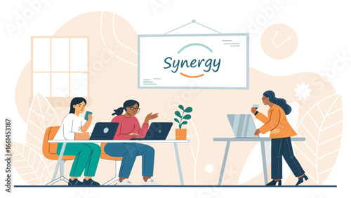 Diverse women collaborate efficiently in a modern office meeting, discussing business synergy and strategic development. Ideal for corporate productivity.