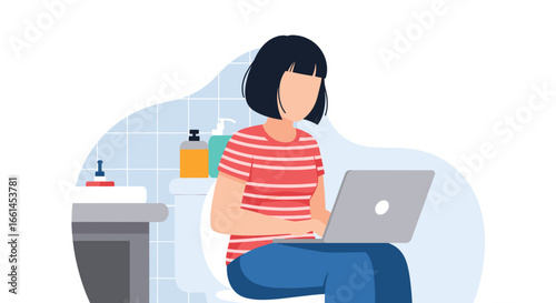 Woman working on laptop while sitting on a toilet. Depicts remote work, flexible hours, and the challenges of work-life balance in unconventional home settings.