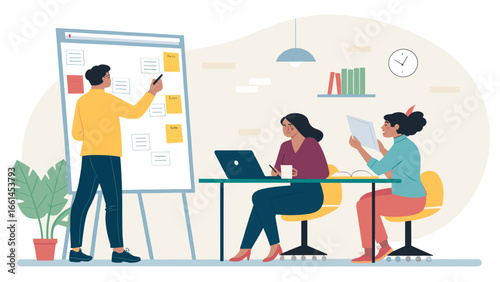 Diverse team collaborates in a bright modern office. Man brainstorms on whiteboard while women work on laptops and review documents. Highlights teamwork, planning, and productivity.