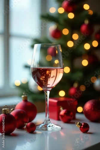 A single wine glass sits amidst festive ornaments on a table, a shimmering Christmas tree behind , christmas, white wine