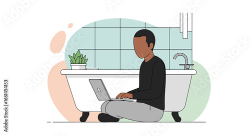 Person working on a laptop from an unconventional space, sitting on the bathroom floor. Illustrates remote work, flexibility, and unique home office concepts.