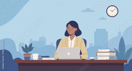 Professional woman smiling and working on a laptop at a modern office desk with a city skyline view. Ideal for business, remote work, and corporate concepts.
