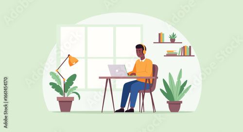 Young man working remotely on a laptop with headphones in a cozy home office, surrounded by plants. Ideal for business, remote work, and lifestyle concepts.