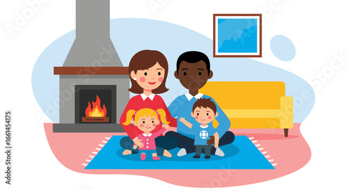 Happy diverse family with two children sitting on a rug by the fireplace at home, symbolizing warmth, togetherness, and loving lifestyle.