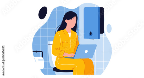 Woman working remotely on laptop while sitting on a toilet in a blue-tiled bathroom. Concept of work-life balance, busy schedule, or remote work challenges.