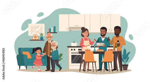 Happy multi-generational family cooking and gathering in a warm home, illustrating togetherness, joy, and domestic lifestyle.