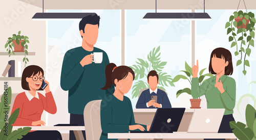 Professionals engage in work and communication within a vibrant, green office. Depicts modern business, teamwork, and a productive, positive work environment.