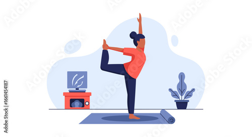 Woman practicing yoga indoors, performing a balancing pose on a mat. Represents wellness, healthy lifestyle, fitness, and mindful exercise at home.