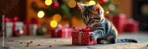 Adorable striped kitten discovers Christmas gift , new year, pet, january