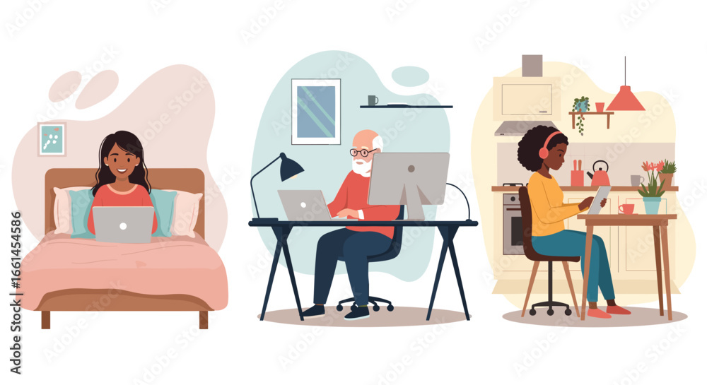 Diverse people working remotely from home in various comfortable settings: a young woman in bed, a senior man at a desk, and a woman in the kitchen. Illustrates modern flexible work life. Diverse people working remotely from home in various comfortable settings: a young woman in bed, a senior man at a desk, and a woman in the kitchen. Illustrates modern flexible work life.