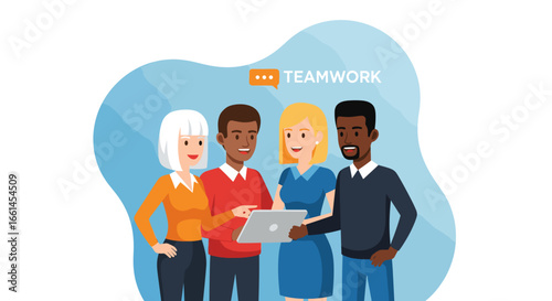 Diverse business team collaborating effectively on a digital tablet, demonstrating strong teamwork, communication, and innovative problem-solving in a modern professional setting.