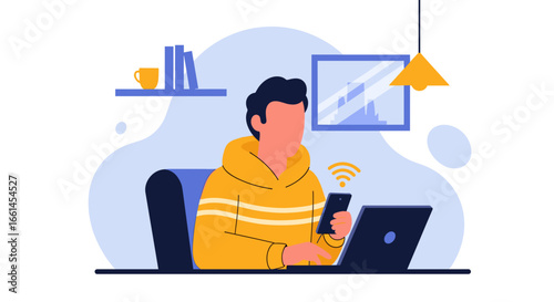 Professional illustration of a man working or studying online, utilizing a laptop and smartphone for efficient digital communication and productivity.