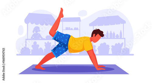 Man exercising on a yoga mat in an vibrant outdoor market setting, promoting healthy lifestyle, fitness, and wellness. Ideal for health, sport, or travel concepts.