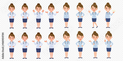 A collection of diverse poses of a female cartoon doctor in a light blue coat and dark skirt.