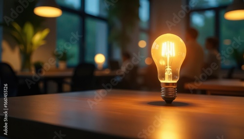 Bright office lunch, lightbulb illuminates table, food, fruit