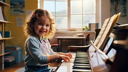 Adorable little girl playing piano in a bright room, looking at camera and smiling