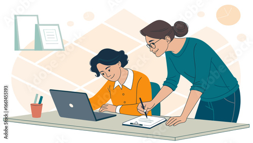 Two smiling professional women collaborate in a modern office, working on a laptop and reviewing documents. Ideal for business, teamwork, and mentorship concepts.