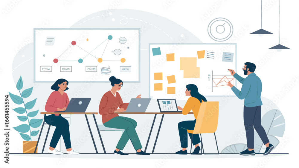 Fototapeta premium Business team collaborating on a project in a modern office, analyzing data and charts on whiteboards and laptops. Ideal for corporate productivity and strategy.