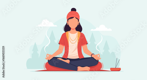 Serene woman in traditional attire meditates peacefully with incense, finding inner calm and spiritual well-being in a tranquil natural setting. Ideal for wellness and lifestyle concepts.