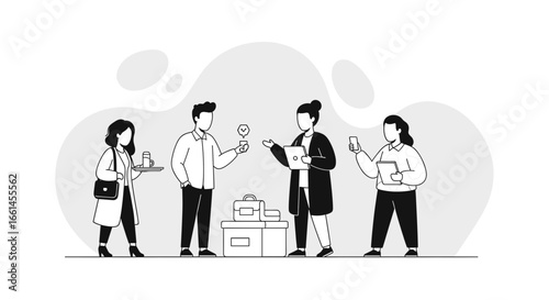 Diverse business team collaborating and communicating, utilizing technology and sharing ideas in a modern corporate setting. Ideal for themes of teamwork, innovation, and office productivity.