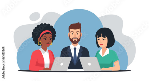 Diverse business professionals collaborating with laptops. Represents teamwork, productivity, and modern corporate work environment.