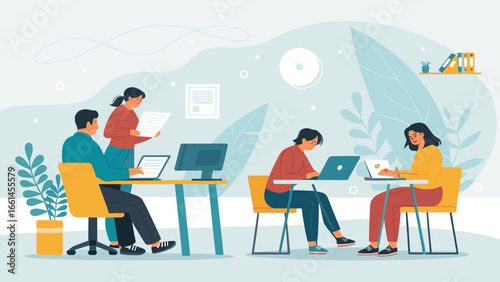 Diverse team of professionals collaborating and working productively in a modern office environment, utilizing laptops and documents for business tasks.