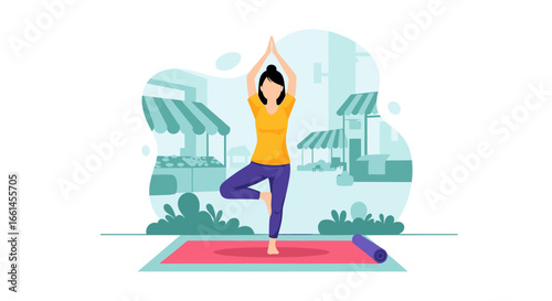 Woman practicing a balancing yoga tree pose outdoors on a mat, symbolizing wellness, mindfulness, and a healthy, serene lifestyle. Perfect for health and fitness content.
