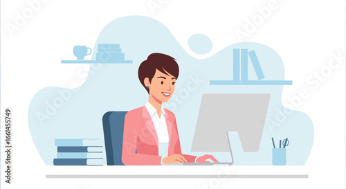 Smiling businesswoman works efficiently at her office desk on a computer, embodying productivity and professional success. Ideal for business, technology, and career concepts.
