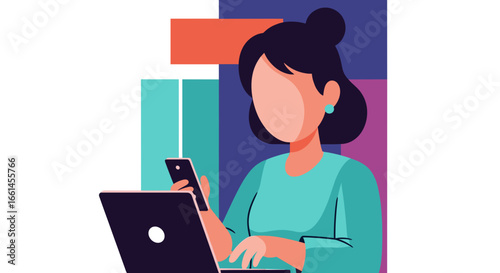 Woman multitasking, working on a laptop and checking a smartphone, illustrating productivity, digital communication, and remote work. Ideal for business and technology concepts.