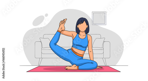 Woman in athletic wear practices yoga at home on a mat, focusing on flexibility, balance, and well-being. Ideal for health and lifestyle concepts.
