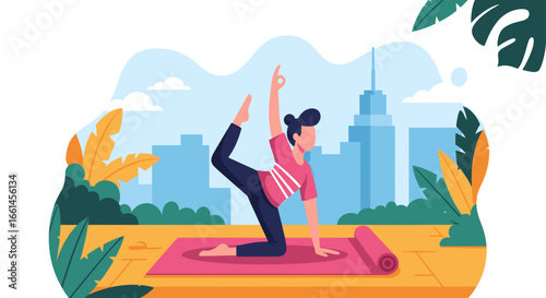 Woman practicing yoga outdoors in a park with a city skyline background, embodying wellness, balance, and healthy urban living. Ideal for health, fitness, or lifestyle content.