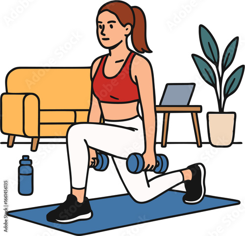 Vector illustration of a woman in sportswear performing lunge exercise with dumbbells on a yoga mat at home, promoting strength, balance, health, and active lifestyle.
