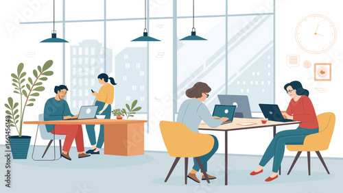 Professionals focused on tasks using laptops and mobile devices in a contemporary, bright office space. Ideal for business, technology, and modern workflow concepts.