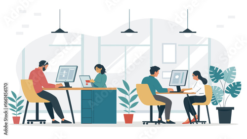 Diverse team of professionals working productively in a modern, collaborative office environment, utilizing technology for business and innovation.