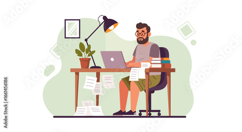Professional man with glasses and beard working on a laptop at a busy desk with papers and books, depicting remote work, freelancing, and study.