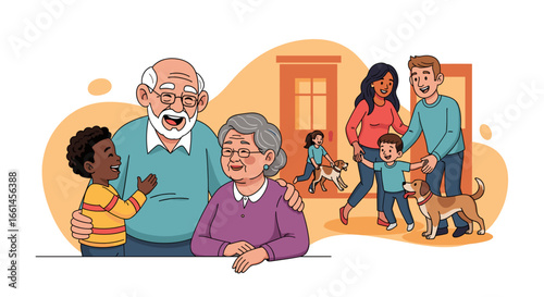 Happy multi-generational family with grandparents, parents, kids, and pets. Displays love, support, and togetherness at home. Great for lifestyle and family values.