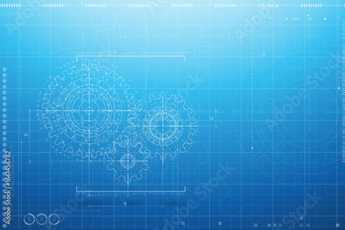 Abstract mechanic parts of car engine or watch. Gear blueprint technical background. Cogs and wheels in gray color. Blueprint of working clock. Tech drawing of gears connection. Vector illustration.