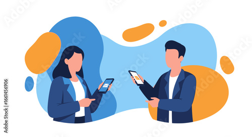 Two professionals communicate via smartphones, exchanging digital messages. Concept of modern online networking, business interaction, and mobile technology use.