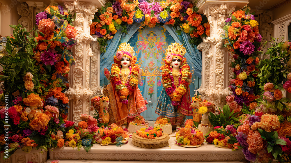 Obraz premium Radha Ashtami celebration photography, colorful temple interior with Radha-Krishna idols adorned with fresh flowers