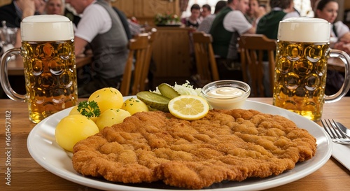 Hearty German Schnitzel and Beer Delight in a Traditional Restaurant A Culinary Experience