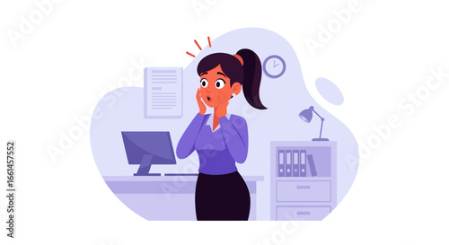 Surprised businesswoman reacts to shocking news or urgent deadline in her office. Illustrates workplace stress, unexpected problems, or critical information. Ideal for business concepts.