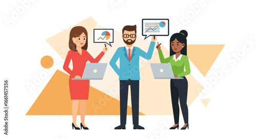 Diverse business team collaborating on data analysis and strategy with laptops, presenting charts and graphs for corporate success and financial growth.